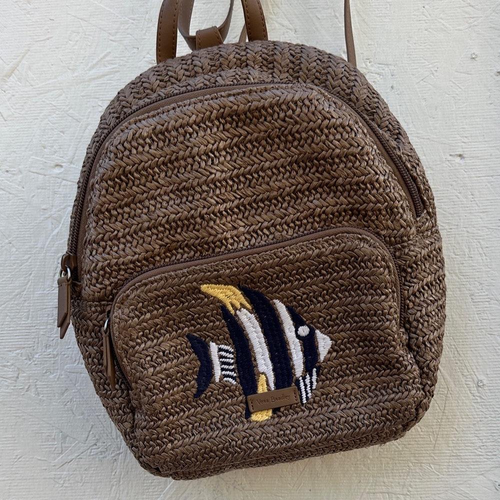 Vera Bradley Brown Woven Backpack with Fish Embroidery